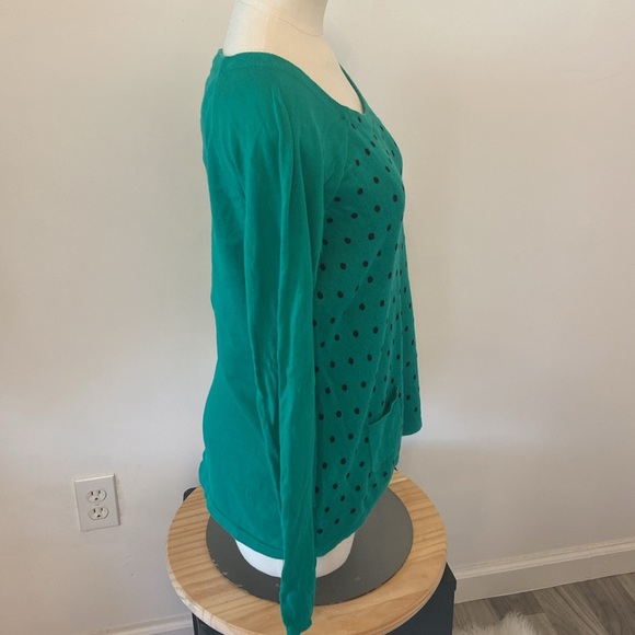 Loft Lightweight Sweater Green Black Polka Dots Pockets Size Medium - Picture 2 of 7